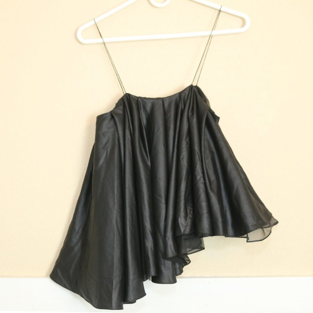 NWOT NELLIE PARTOW Black Silk Spaghetti Straps Top Asymmetrical Flounce Party XS